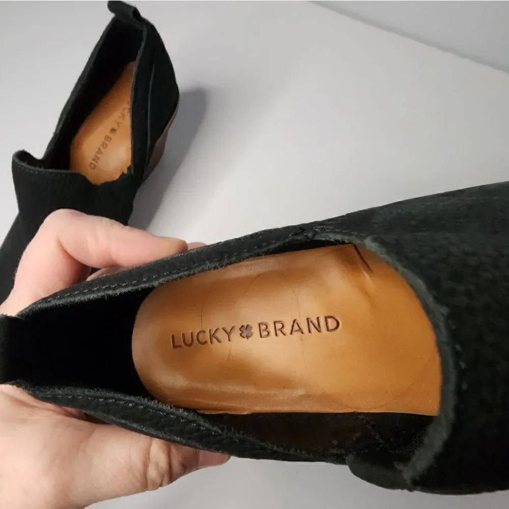 Lucky Brand Women's Vennia Boot Size 6.5 Block Heel Black Suede Pull On Shootie